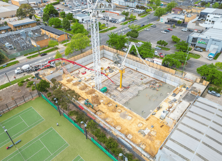 Alt="Oakleigh site concreting aerial view"
