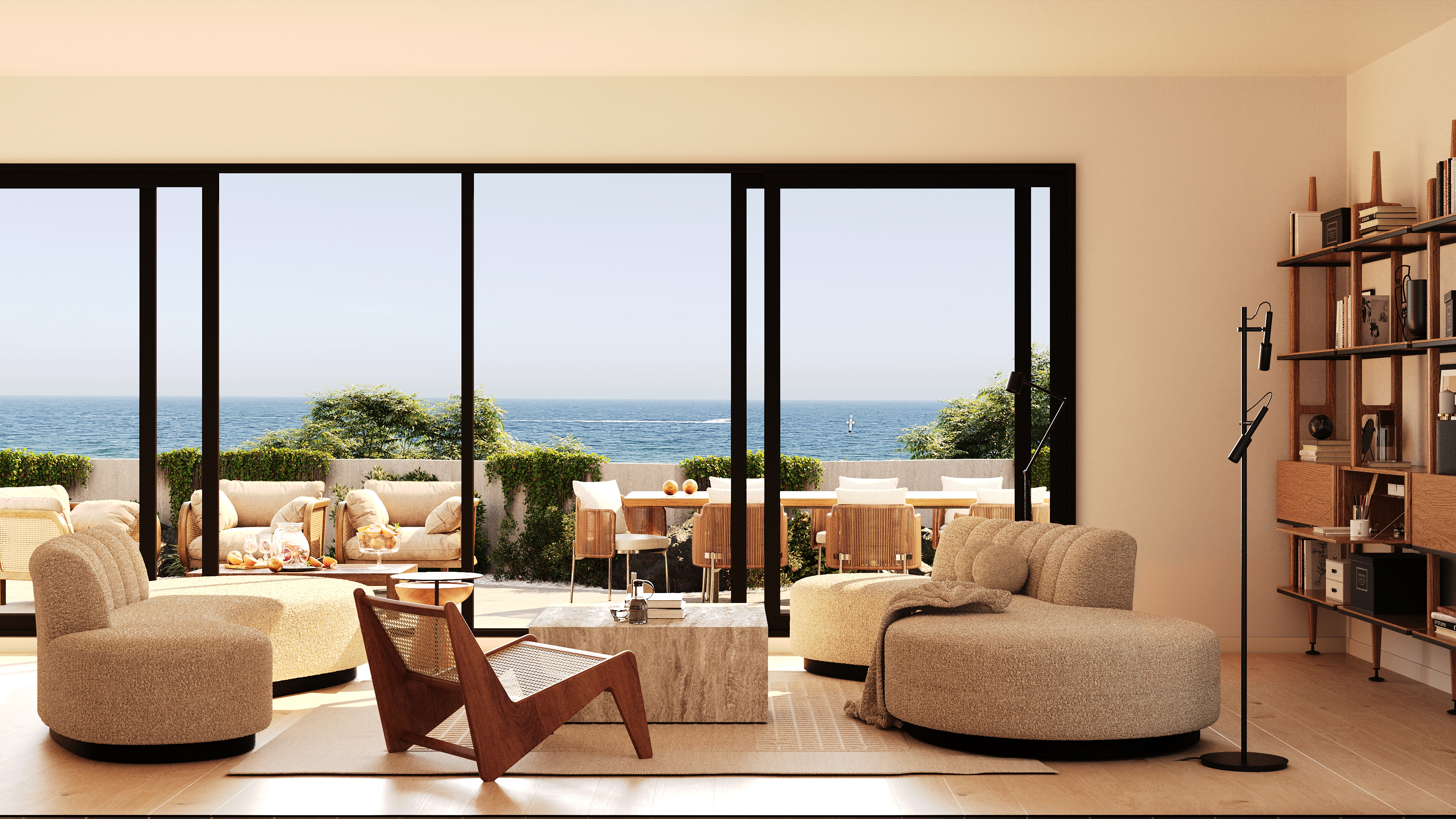 Render of Sandringham apartment living area with water views from the balcony